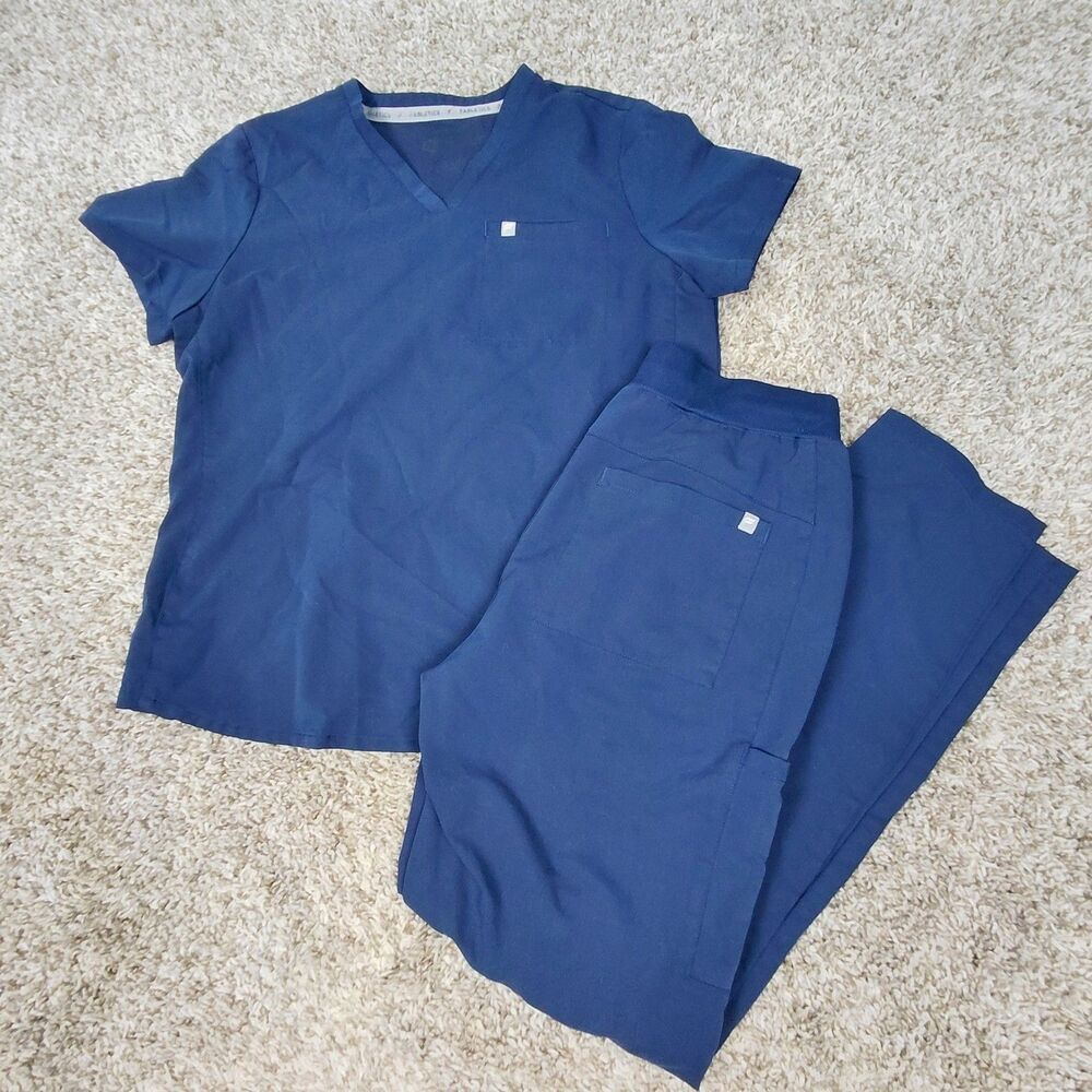 Fabletics Womens Scrub Set Medium Navy Blue Tall Tip + Pants Nursing Med RN